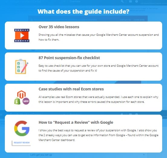 This image shows what's inside the KeyCommerce Google Merchant Center Suspension guide.