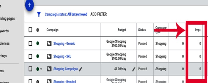 This image shows google shopping campaigns with 0 impressions