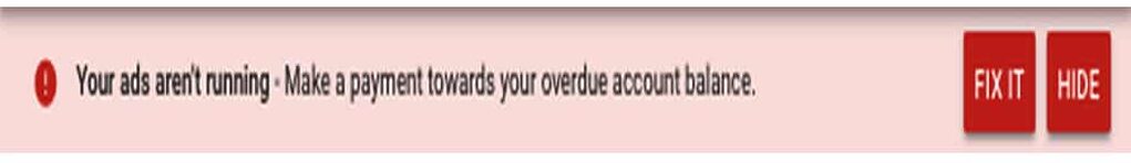 This image shows an error in Google Ads with a billing set up issue. This is a potential reasons for Google ads no impressions