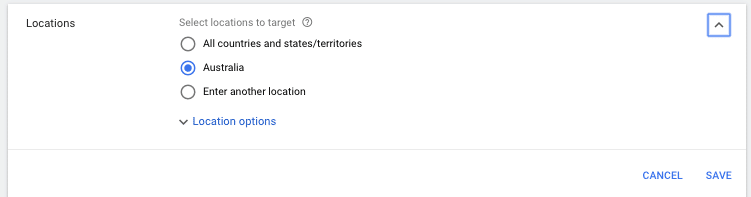 This image shows the location settings in Google Ads. Setting up the right target location for your campaigns will help help Google show your ads to the right people.